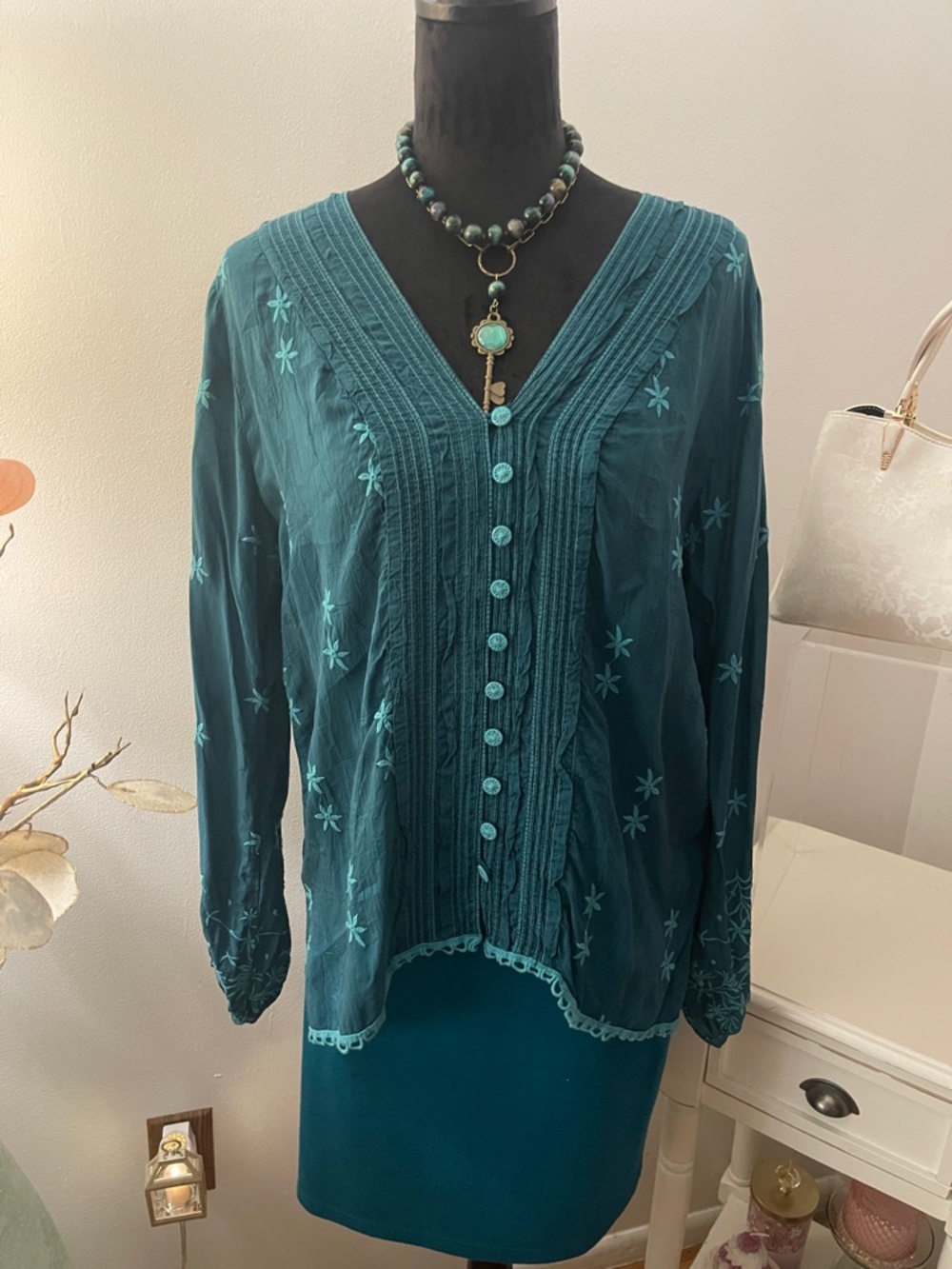 Johnny Was Teal Embroidered V-Neck Button Blouse